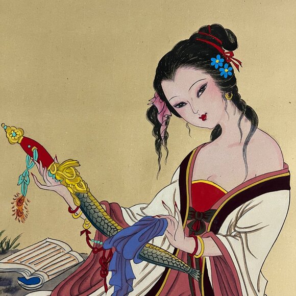 Asian Chinese Hanging Scroll Art Geisha with Sword Hand Painted 56" x 29" - Picture 4 of 11